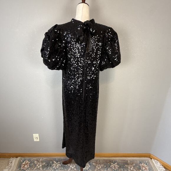Tuckernuck Black Shimmer Sequin Perris Maxi Midi Dress Size XXL Puff Sleeve Bow - Picture 5 of 9
